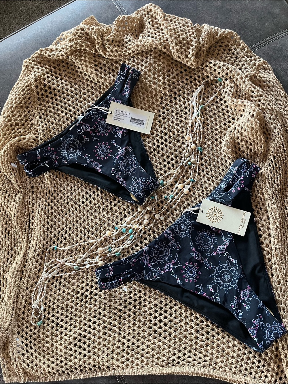 (2) Ramy Brook Black Bikini Bottoms with Pink and Light Blue Pattern